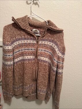 Vintage Tiara Tan Zip-Up Fair Isle Knit Sweater